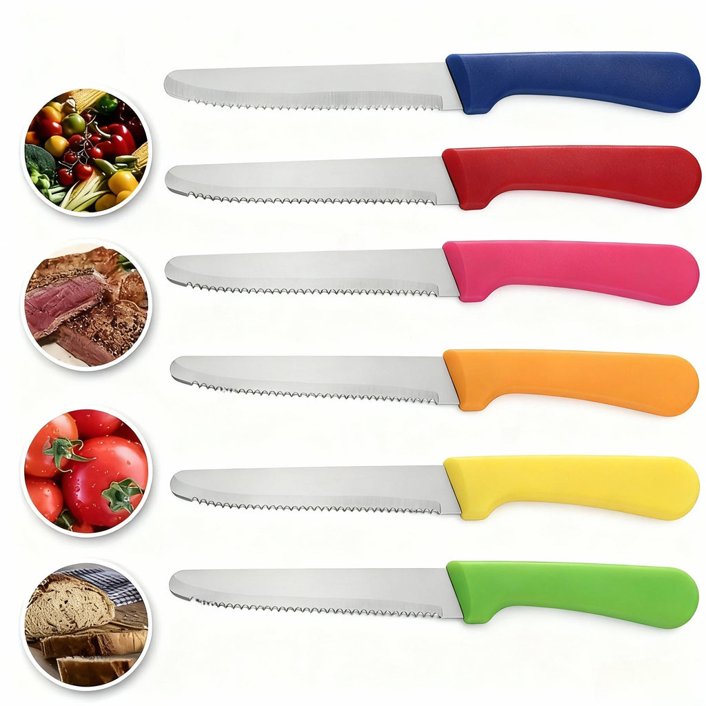 6pcs Colorful Steak Knives Set, Rust-Resistant Dishwasher Safe, 420 Stainless Steel with Serrated Edge, Dishwasher Safe, for Meat Fruit Vegetable Cheese Slicing, Black Friday Christmas Gifts