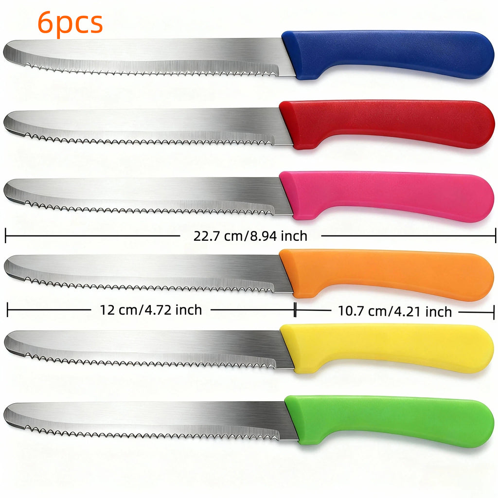 6pcs Colorful Steak Knives Set, Rust-Resistant Dishwasher Safe, 420 Stainless Steel with Serrated Edge, Dishwasher Safe, for Meat Fruit Vegetable Cheese Slicing, Black Friday Christmas Gifts