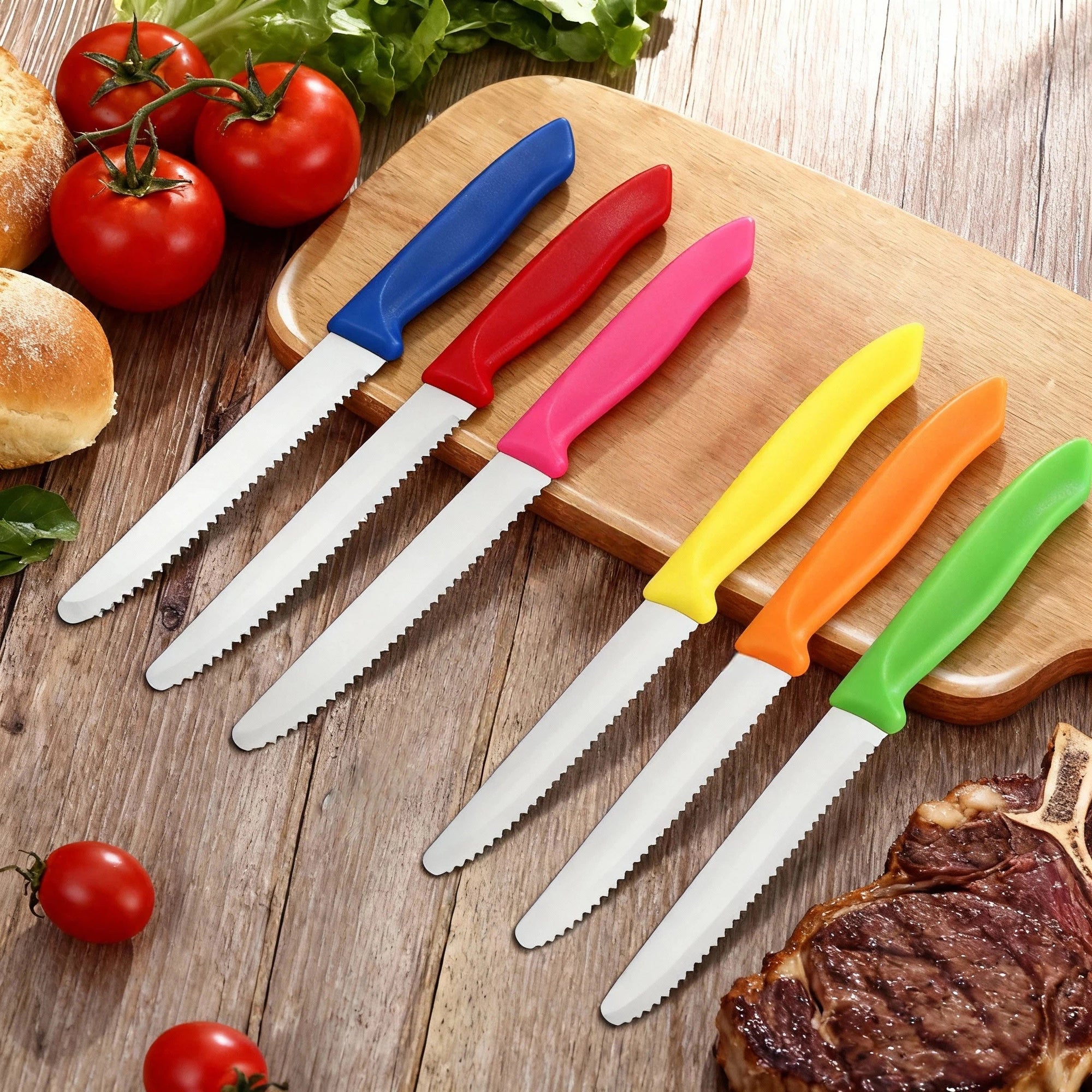 6pcs Colorful Steak Knives Set, Rust-Resistant Dishwasher Safe, 420 Stainless Steel with Serrated Edge, Dishwasher Safe, for Meat Fruit Vegetable Cheese Slicing, Black Friday Christmas Gifts