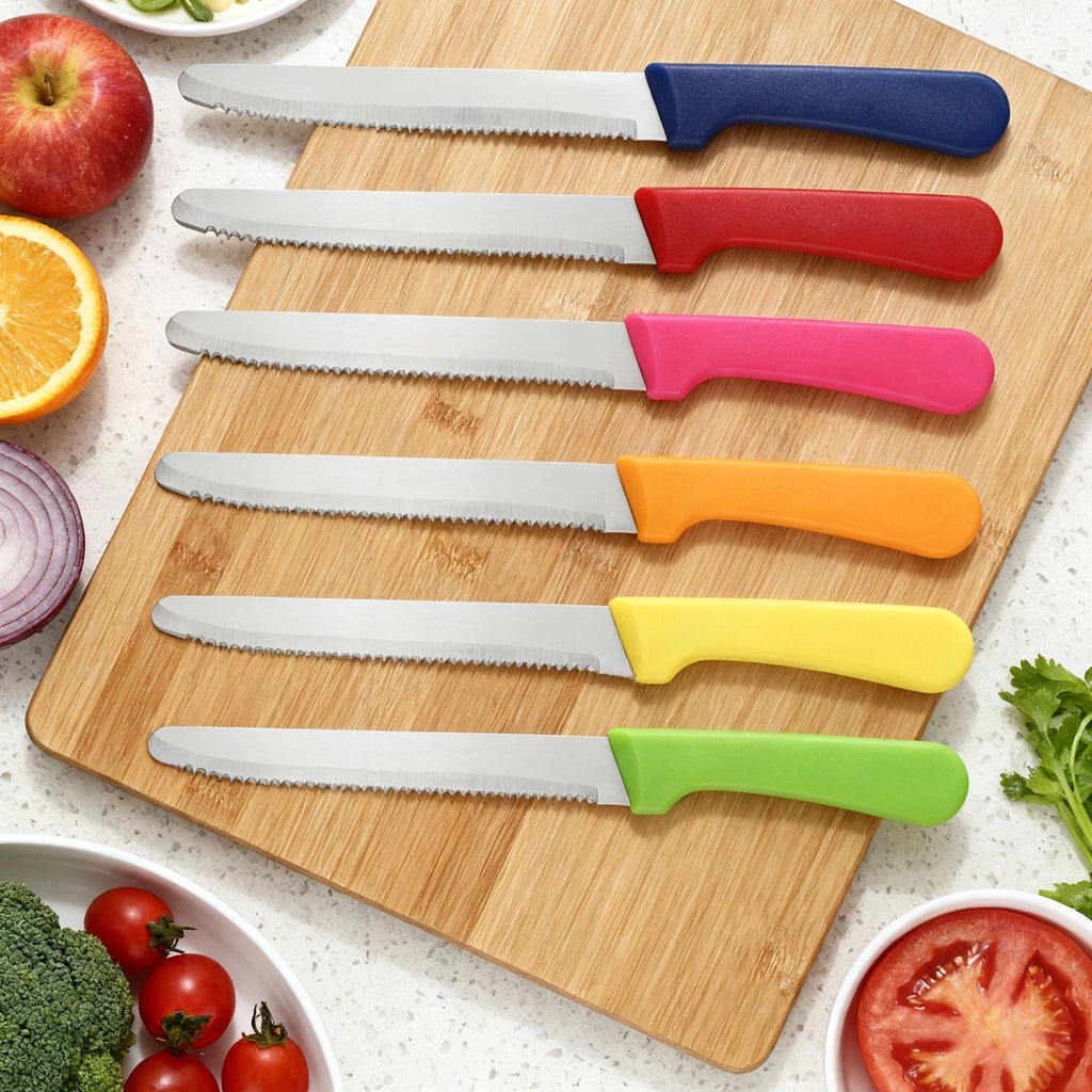 6pcs Colorful Steak Knives Set, Rust-Resistant Dishwasher Safe, 420 Stainless Steel with Serrated Edge, Dishwasher Safe, for Meat Fruit Vegetable Cheese Slicing, Black Friday Christmas Gifts