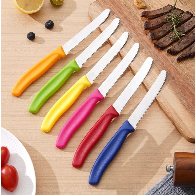 6pcs Colorful Steak Knives Set, Rust-Resistant Dishwasher Safe, 420 Stainless Steel with Serrated Edge, Dishwasher Safe, for Meat Fruit Vegetable Cheese Slicing, Black Friday Christmas Gifts