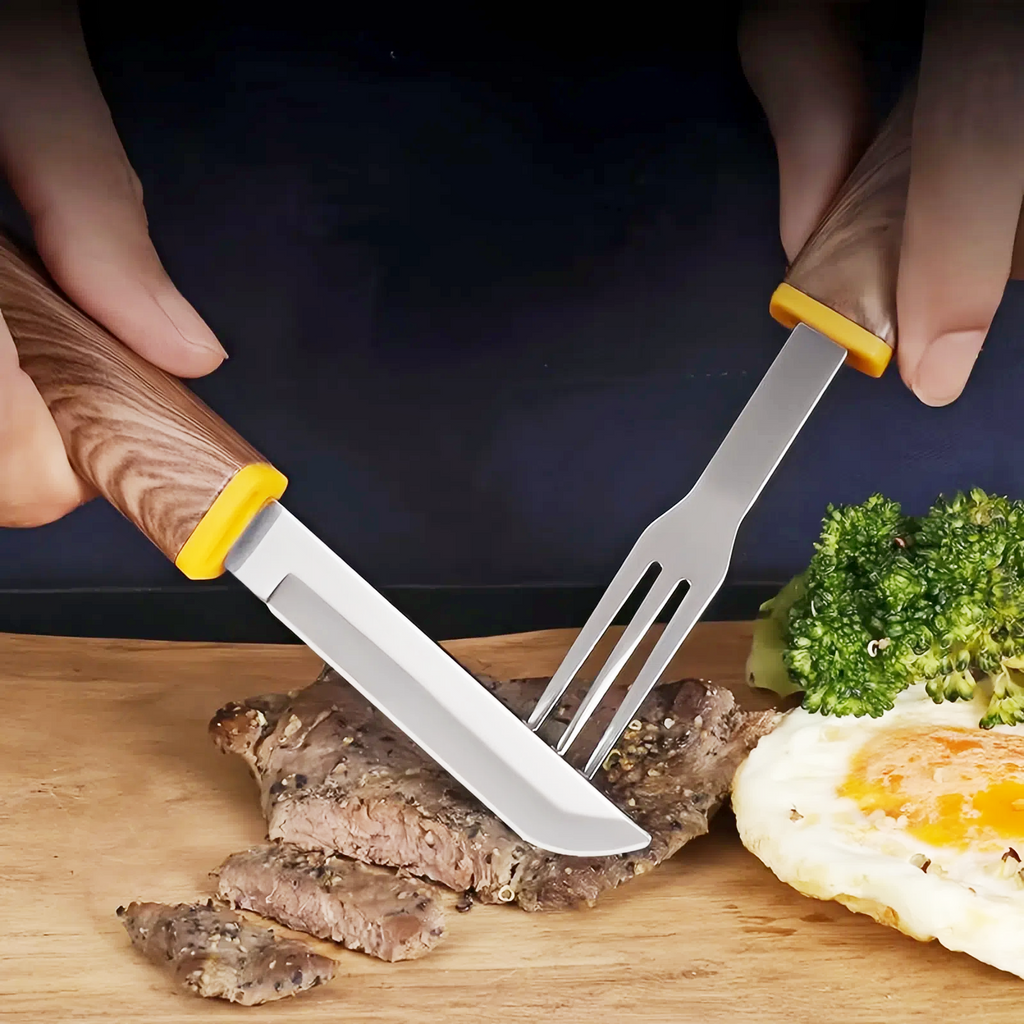 420 stainless steel knife cutting seasoned steak with PVC handle – dishwasher safe
